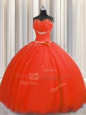Handcrafted Flower Coral Red Sleeveless Floor Length Beading and Sequins and Hand Made Flower Lace Up Sweet 16 Quinceanera Dress