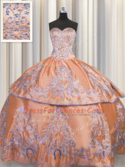Excellent Sleeveless Floor Length Beading and Embroidery Lace Up Sweet 16 Dress with Orange