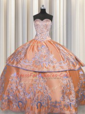 Excellent Sleeveless Floor Length Beading and Embroidery Lace Up Sweet 16 Dress with Orange