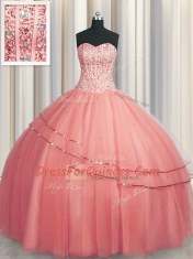 Visible Boning Puffy Skirt Ball Gowns Quinceanera Dress Watermelon Red Sweetheart Tulle Sleeveless Floor Length Lace Up