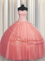 Visible Boning Puffy Skirt Ball Gowns Quinceanera Dress Watermelon Red Sweetheart Tulle Sleeveless Floor Length Lace Up
