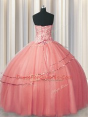 Visible Boning Puffy Skirt Ball Gowns Quinceanera Dress Watermelon Red Sweetheart Tulle Sleeveless Floor Length Lace Up