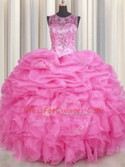 Edgy See Through Ball Gowns 15 Quinceanera Dress Rose Pink Scoop Organza Sleeveless Floor Length Lace Up