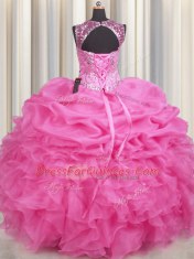 Edgy See Through Ball Gowns 15 Quinceanera Dress Rose Pink Scoop Organza Sleeveless Floor Length Lace Up
