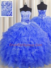 Handcrafted Flower Organza Sweetheart Sleeveless Lace Up Beading and Ruffles and Hand Made Flower Sweet 16 Dresses in Royal Blue