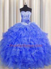 Handcrafted Flower Organza Sweetheart Sleeveless Lace Up Beading and Ruffles and Hand Made Flower Sweet 16 Dresses in Royal Blue