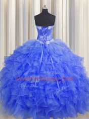 Handcrafted Flower Organza Sweetheart Sleeveless Lace Up Beading and Ruffles and Hand Made Flower Sweet 16 Dresses in Royal Blue