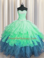 Multi-color Organza Lace Up Sweetheart Sleeveless Floor Length 15th Birthday Dress Beading and Ruffles and Ruffled Layers and Sequins