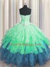 Multi-color Organza Lace Up Sweetheart Sleeveless Floor Length 15th Birthday Dress Beading and Ruffles and Ruffled Layers and Sequins