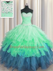Multi-color Organza Lace Up Sweetheart Sleeveless Floor Length 15th Birthday Dress Beading and Ruffles and Ruffled Layers and Sequins
