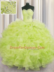 Customized Beading and Ruffles Quinceanera Dresses Yellow Green Lace Up Sleeveless Floor Length