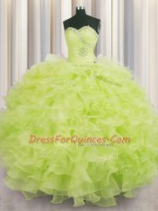 Customized Beading and Ruffles Quinceanera Dresses Yellow Green Lace Up Sleeveless Floor Length