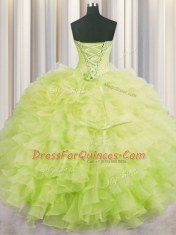 Customized Beading and Ruffles Quinceanera Dresses Yellow Green Lace Up Sleeveless Floor Length
