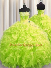 Yellow Green Organza Lace Up Quinceanera Dresses Long Sleeves Brush Train Beading and Ruffles