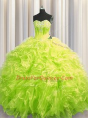 Yellow Green Organza Lace Up Quinceanera Dresses Long Sleeves Brush Train Beading and Ruffles
