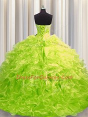 Yellow Green Organza Lace Up Quinceanera Dresses Long Sleeves Brush Train Beading and Ruffles