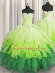 Fine Sleeveless Lace Up Floor Length Beading and Ruffles and Ruffled Layers and Sequins Sweet 16 Dresses