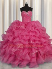 Hot Pink Sweetheart Neckline Beading and Ruffles Sweet 16 Dresses Sleeveless Lace Up