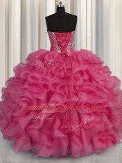 Hot Pink Sweetheart Neckline Beading and Ruffles Sweet 16 Dresses Sleeveless Lace Up