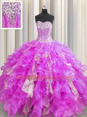 Visible Boning Organza and Sequined Sweetheart Sleeveless Lace Up Beading and Ruffles and Sequins Quinceanera Gowns in Lilac