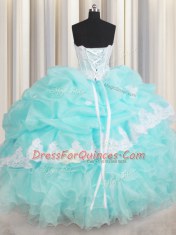Organza Sleeveless Floor Length Vestidos de Quinceanera and Beading and Appliques and Ruffled Layers