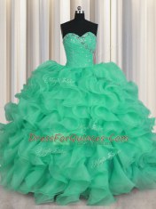 Stunning Turquoise Lace Up Sweetheart Beading and Ruffles Ball Gown Prom Dress Organza Sleeveless