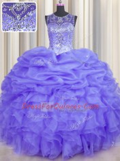 Delicate See Through Lavender Lace Up Quince Ball Gowns Beading and Ruffles and Pick Ups Sleeveless Floor Length