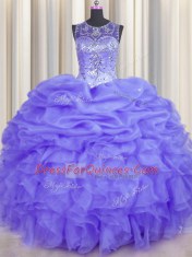 Delicate See Through Lavender Lace Up Quince Ball Gowns Beading and Ruffles and Pick Ups Sleeveless Floor Length