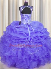 Delicate See Through Lavender Lace Up Quince Ball Gowns Beading and Ruffles and Pick Ups Sleeveless Floor Length