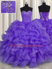 Stunning Lavender Sleeveless Beading and Ruffles Floor Length 15 Quinceanera Dress