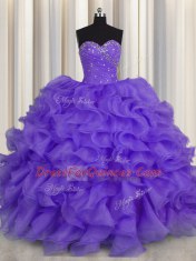 Stunning Lavender Sleeveless Beading and Ruffles Floor Length 15 Quinceanera Dress