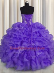 Stunning Lavender Sleeveless Beading and Ruffles Floor Length 15 Quinceanera Dress