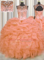 Luxurious See Through Sleeveless Floor Length Beading and Ruffles and Pick Ups Lace Up 15 Quinceanera Dress with Orange