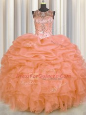 Luxurious See Through Sleeveless Floor Length Beading and Ruffles and Pick Ups Lace Up 15 Quinceanera Dress with Orange