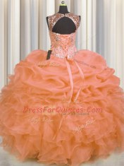 Luxurious See Through Sleeveless Floor Length Beading and Ruffles and Pick Ups Lace Up 15 Quinceanera Dress with Orange