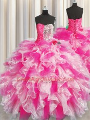 Sleeveless Beading and Ruffles and Ruching Lace Up Quinceanera Dresses