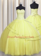 Visible Boning Really Puffy Sweetheart Sleeveless Tulle Quinceanera Dress Beading Lace Up
