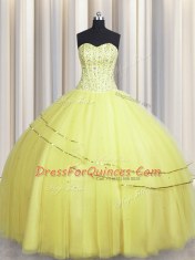 Visible Boning Really Puffy Sweetheart Sleeveless Tulle Quinceanera Dress Beading Lace Up