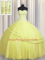 Visible Boning Really Puffy Sweetheart Sleeveless Tulle Quinceanera Dress Beading Lace Up