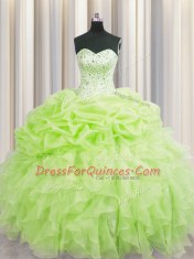 Visible Boning Yellow Green Lace Up Sweetheart Beading and Ruffles and Pick Ups Quinceanera Gown Organza Sleeveless