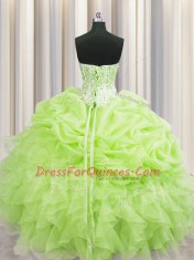 Visible Boning Yellow Green Lace Up Sweetheart Beading and Ruffles and Pick Ups Quinceanera Gown Organza Sleeveless