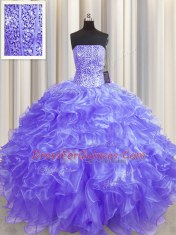 Fashionable Visible Boning Organza Strapless Sleeveless Lace Up Beading and Ruffles Quinceanera Dress in Lavender