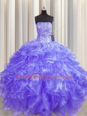 Fashionable Visible Boning Organza Strapless Sleeveless Lace Up Beading and Ruffles Quinceanera Dress in Lavender