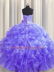 Fashionable Visible Boning Organza Strapless Sleeveless Lace Up Beading and Ruffles Quinceanera Dress in Lavender