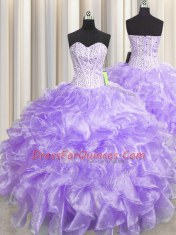 Inexpensive Visible Boning Zipper Up Sweetheart Sleeveless Organza Quince Ball Gowns Beading and Ruffles Zipper