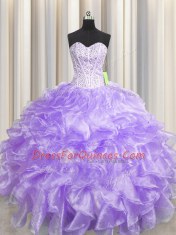 Inexpensive Visible Boning Zipper Up Sweetheart Sleeveless Organza Quince Ball Gowns Beading and Ruffles Zipper