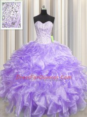 Inexpensive Visible Boning Zipper Up Sweetheart Sleeveless Organza Quince Ball Gowns Beading and Ruffles Zipper