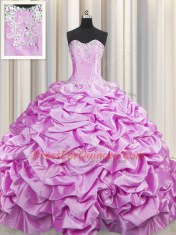 Suitable Lilac 15th Birthday Dress Military Ball and Sweet 16 and Quinceanera and For with Beading and Pick Ups Sweetheart Sleeveless Brush Train Lace Up