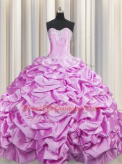 Suitable Lilac 15th Birthday Dress Military Ball and Sweet 16 and Quinceanera and For with Beading and Pick Ups Sweetheart Sleeveless Brush Train Lace Up