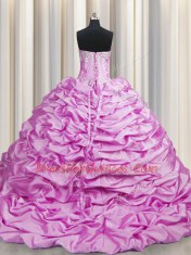 Suitable Lilac 15th Birthday Dress Military Ball and Sweet 16 and Quinceanera and For with Beading and Pick Ups Sweetheart Sleeveless Brush Train Lace Up